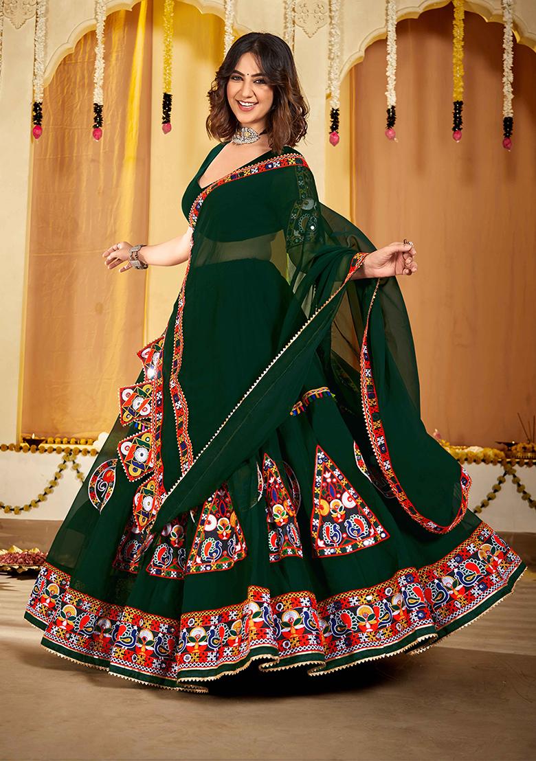 Green Embroidered Georgette Lehenga Set With Dupatta