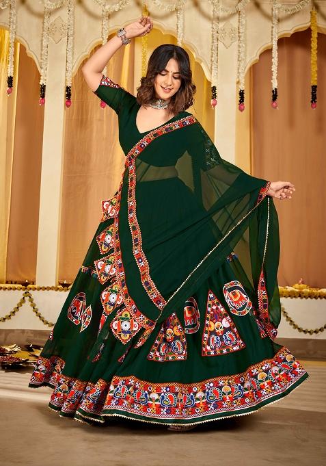 Green Embroidered Georgette Lehenga Set With Dupatta