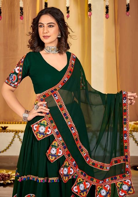 Green Embroidered Georgette Lehenga Set With Dupatta