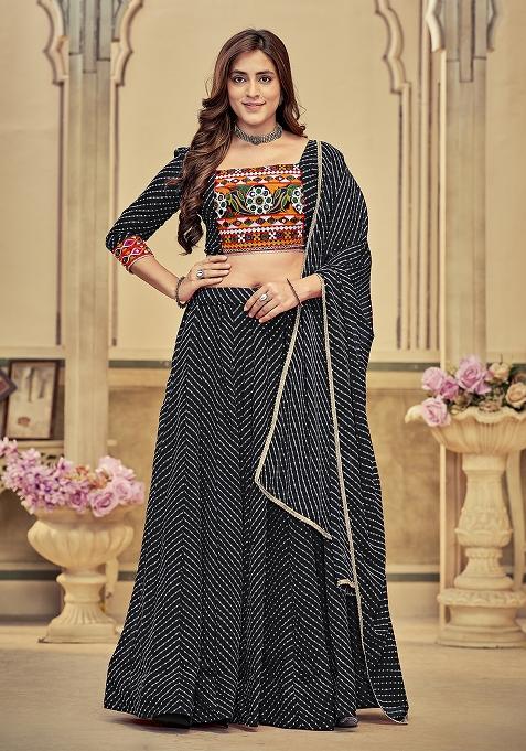 Black Solid Georgette Lehenga Set With Dupatta