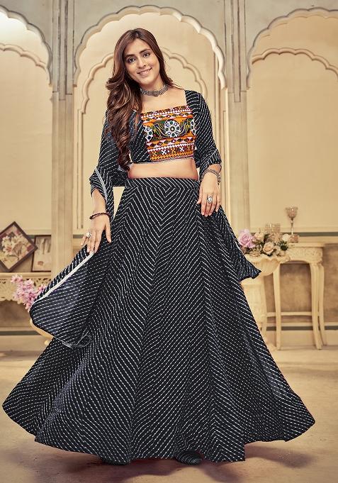Black Solid Georgette Lehenga Set With Dupatta