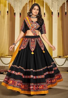 Black Solid Georgette Lehenga Set With Dupatta