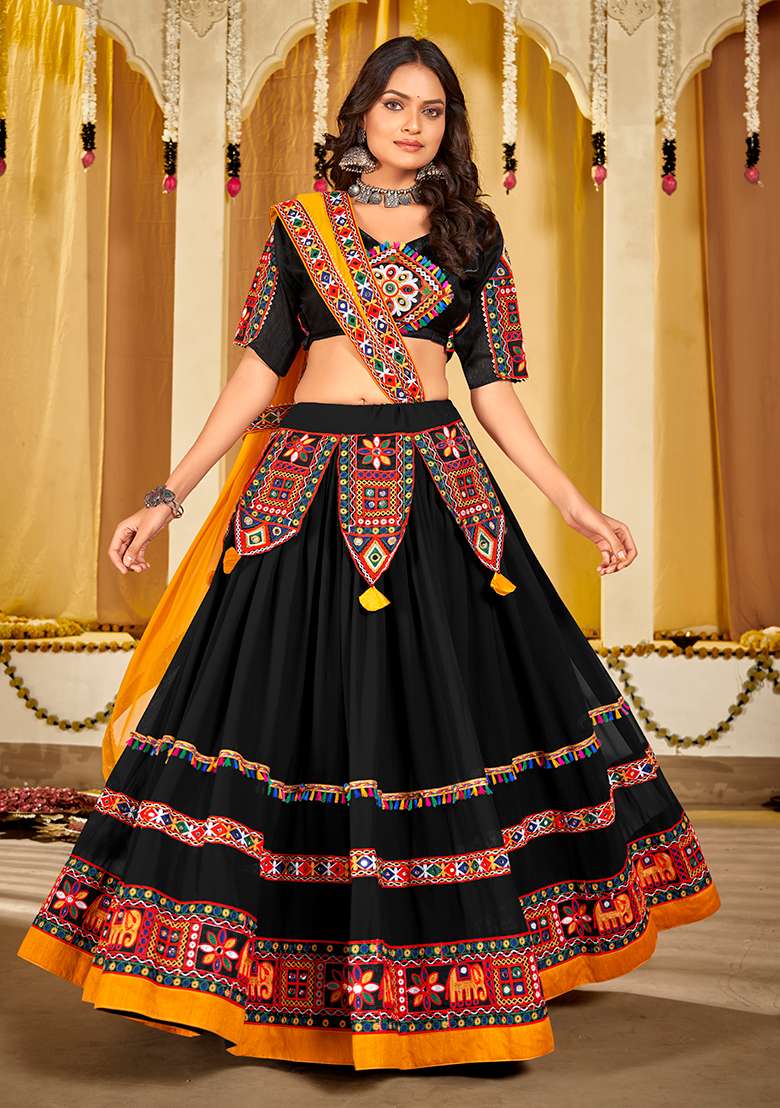 Black Solid Georgette Chaniya Choli Set For Navratri And Garba for Diwali and Festive Wear - Indya