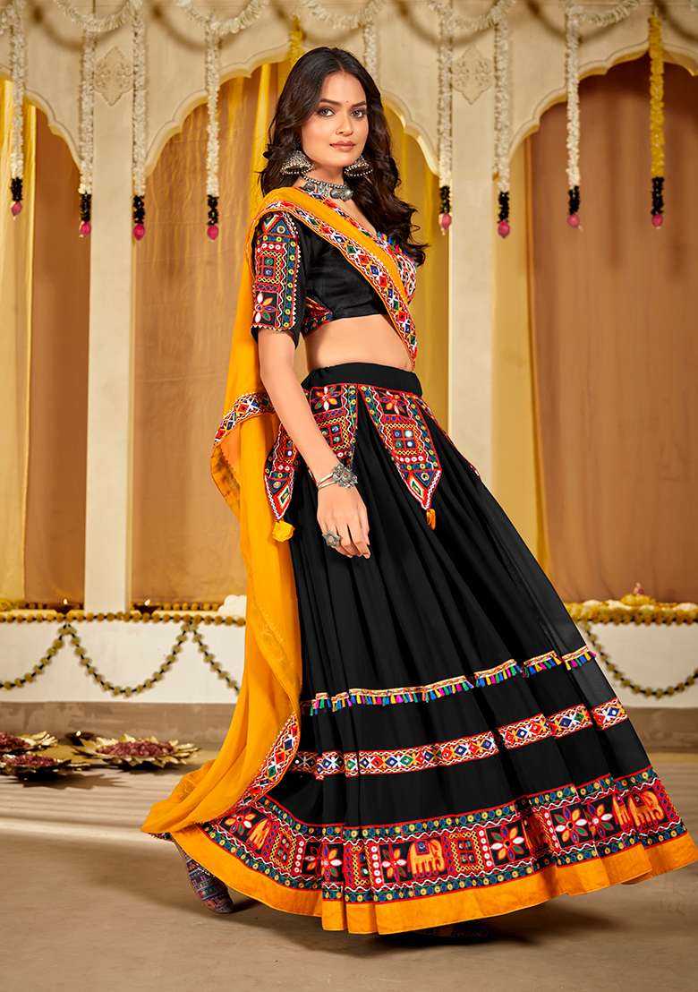 Black Solid Georgette Chaniya Choli Set For Navratri And Garba for Diwali and Festive Wear - Indya