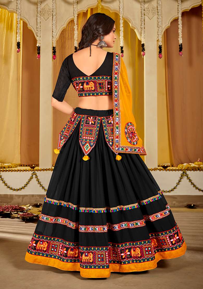 Black Solid Georgette Chaniya Choli Set For Navratri And Garba for Diwali and Festive Wear - Indya