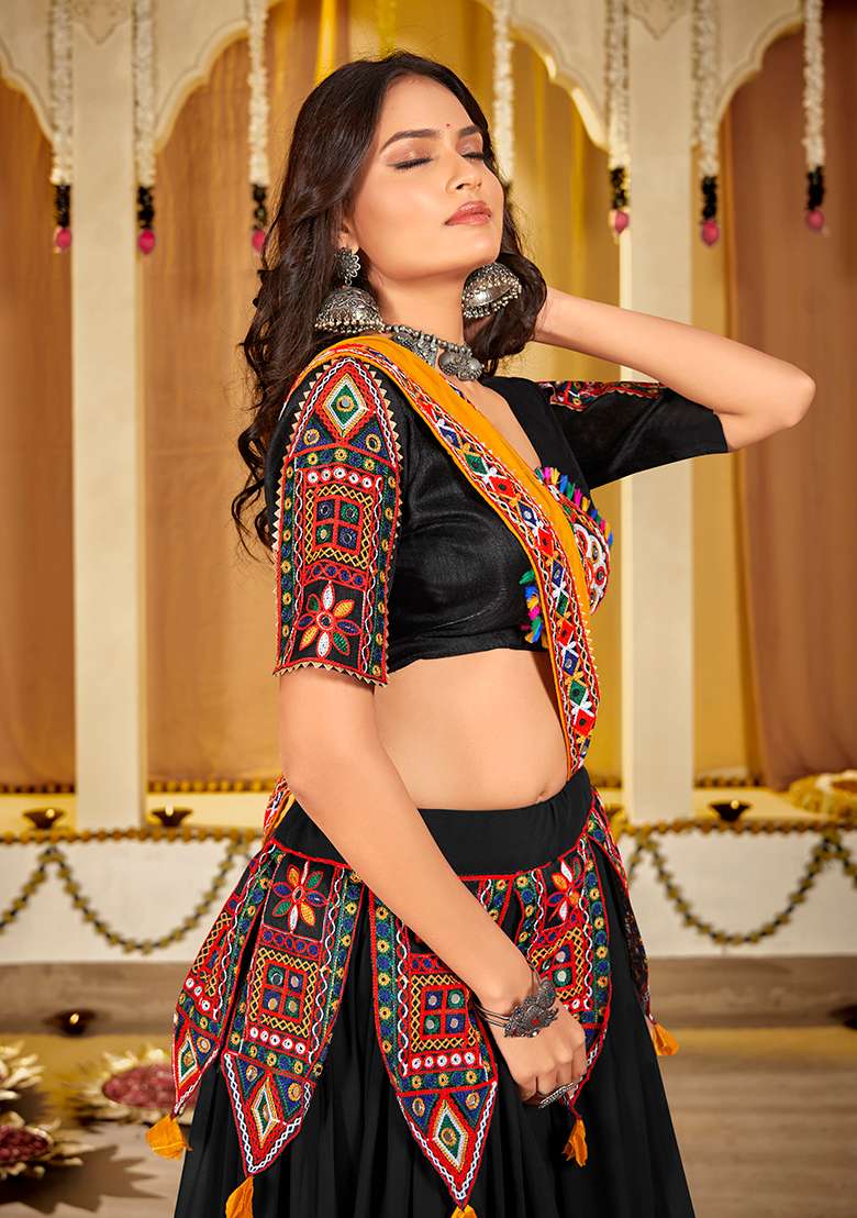 Black Solid Georgette Chaniya Choli Set For Navratri And Garba for Diwali and Festive Wear - Indya
