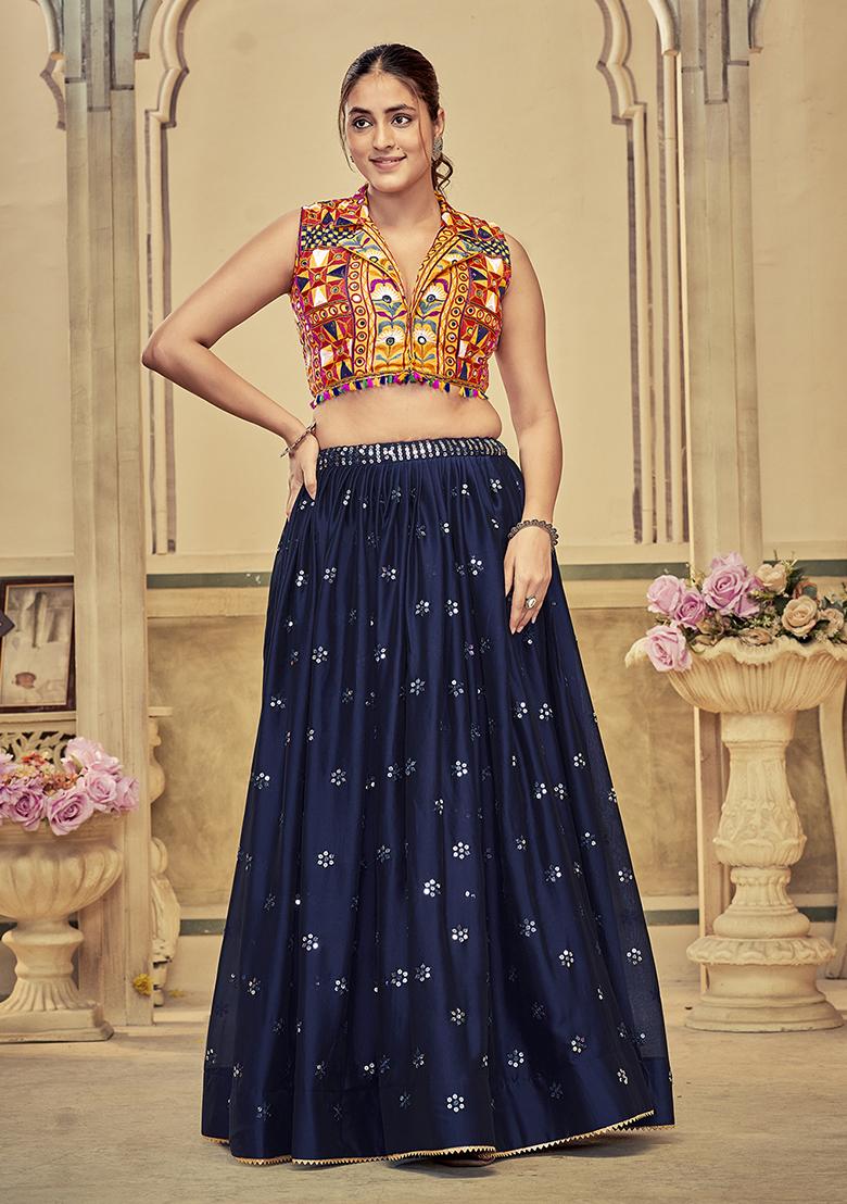 Blue Embroidered Cotton Lehenga Set With Dupatta