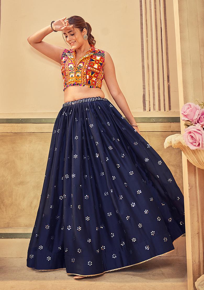 Blue Embroidered Cotton Lehenga Set With Dupatta