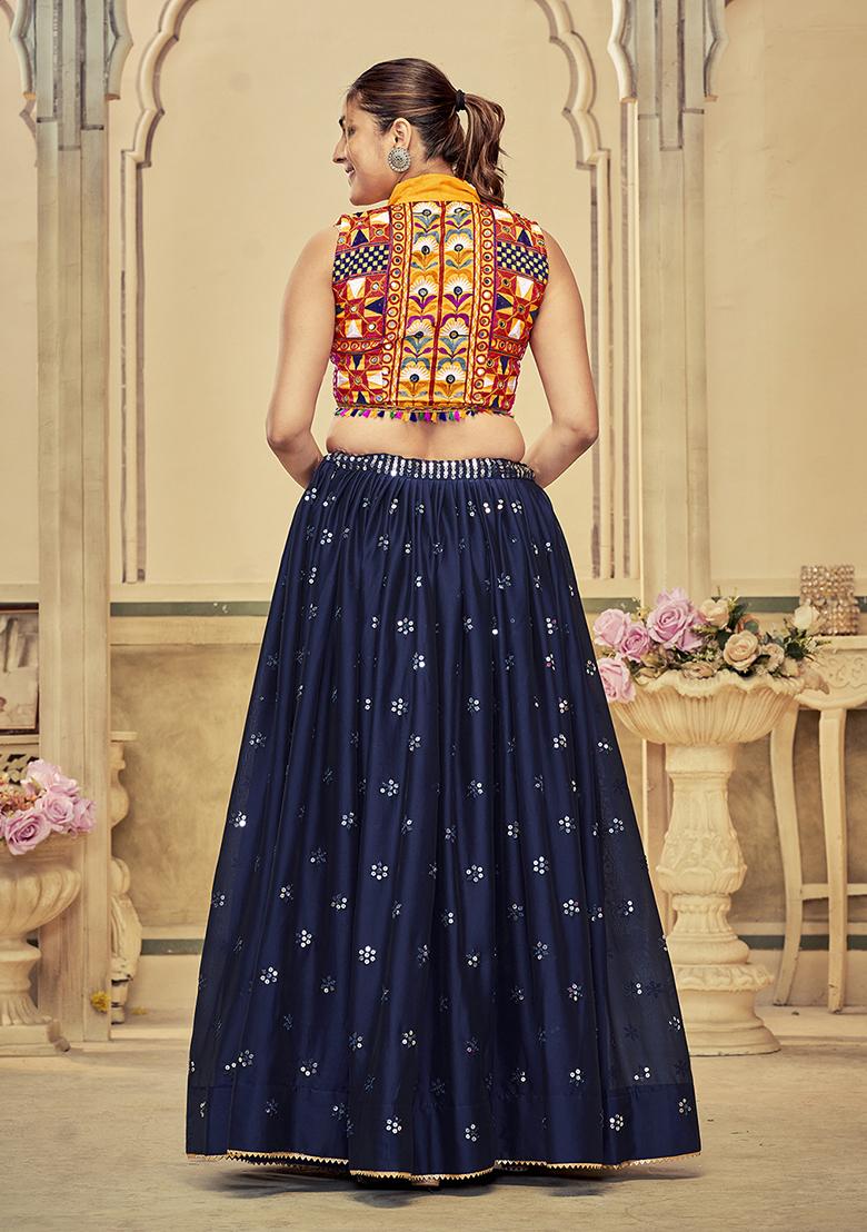 Blue Embroidered Cotton Lehenga Set With Dupatta