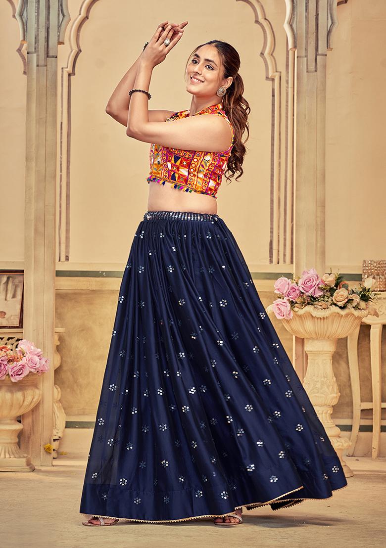 Blue Embroidered Cotton Lehenga Set With Dupatta