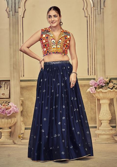 Blue Embroidered Cotton Lehenga Set With Dupatta