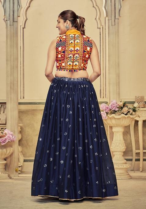 Blue Embroidered Cotton Lehenga Set With Dupatta