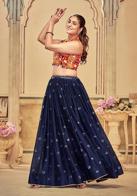 Blue Embroidered Cotton Lehenga Set With Dupatta