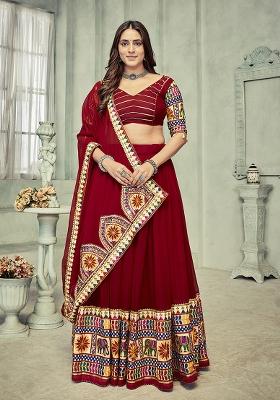 Maroon Embroidered Georgette Lehenga Set With Dupatta