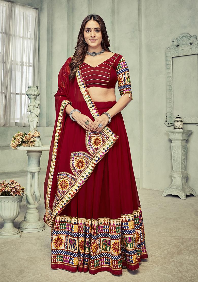 Maroon Embroidered Georgette Lehenga Set With Dupatta