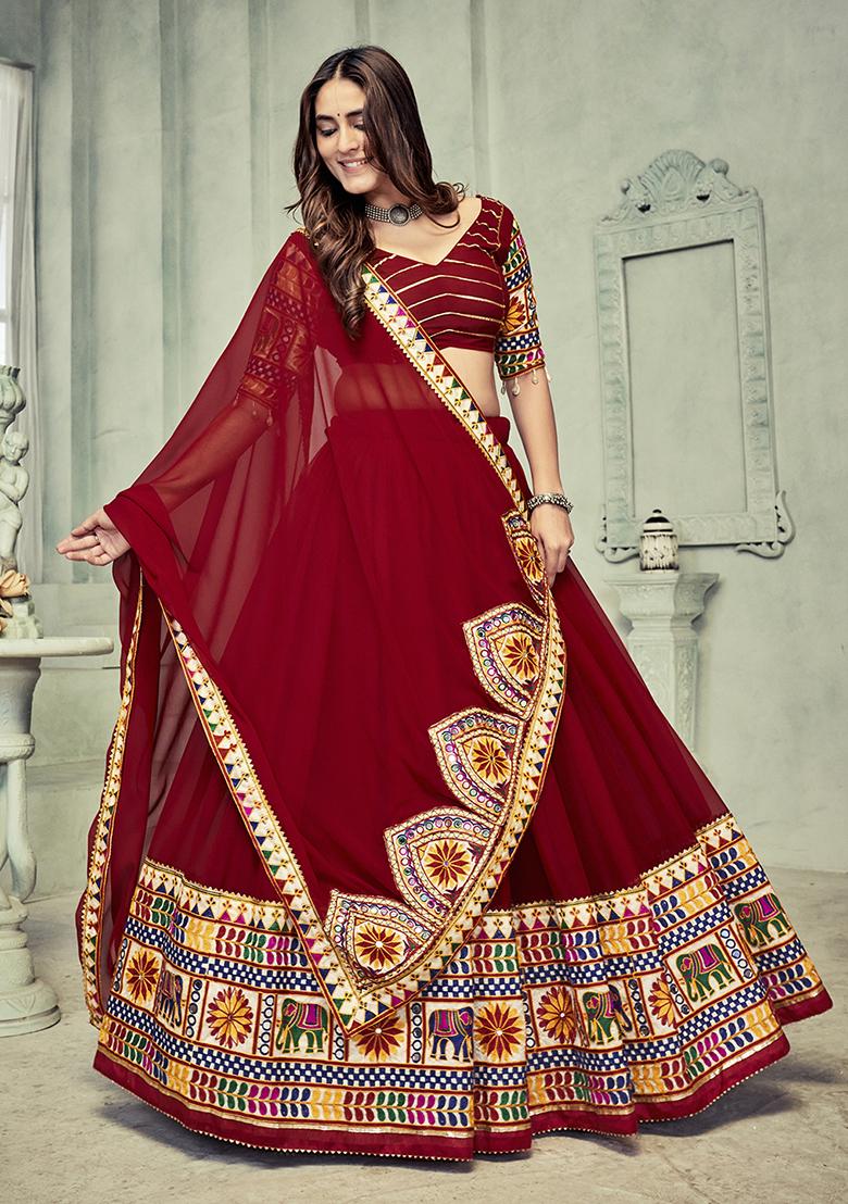 Maroon Embroidered Georgette Lehenga Set With Dupatta - Indya