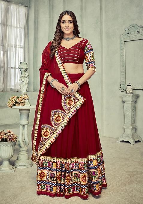 Maroon Embroidered Georgette Lehenga Set With Dupatta