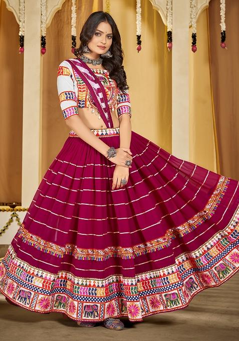 Pink Embroidered Mono Silk Lehenga Set With Dupatta