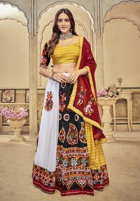 Yellow Embroidered Cotton Silk Lehenga Set With Dupatta