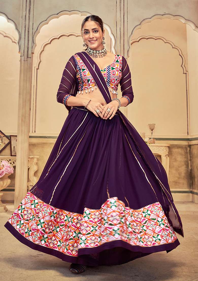 Purple Embroidered Georgette Lehenga Set With Dupatta for Diwali and Festive Wear - Indya