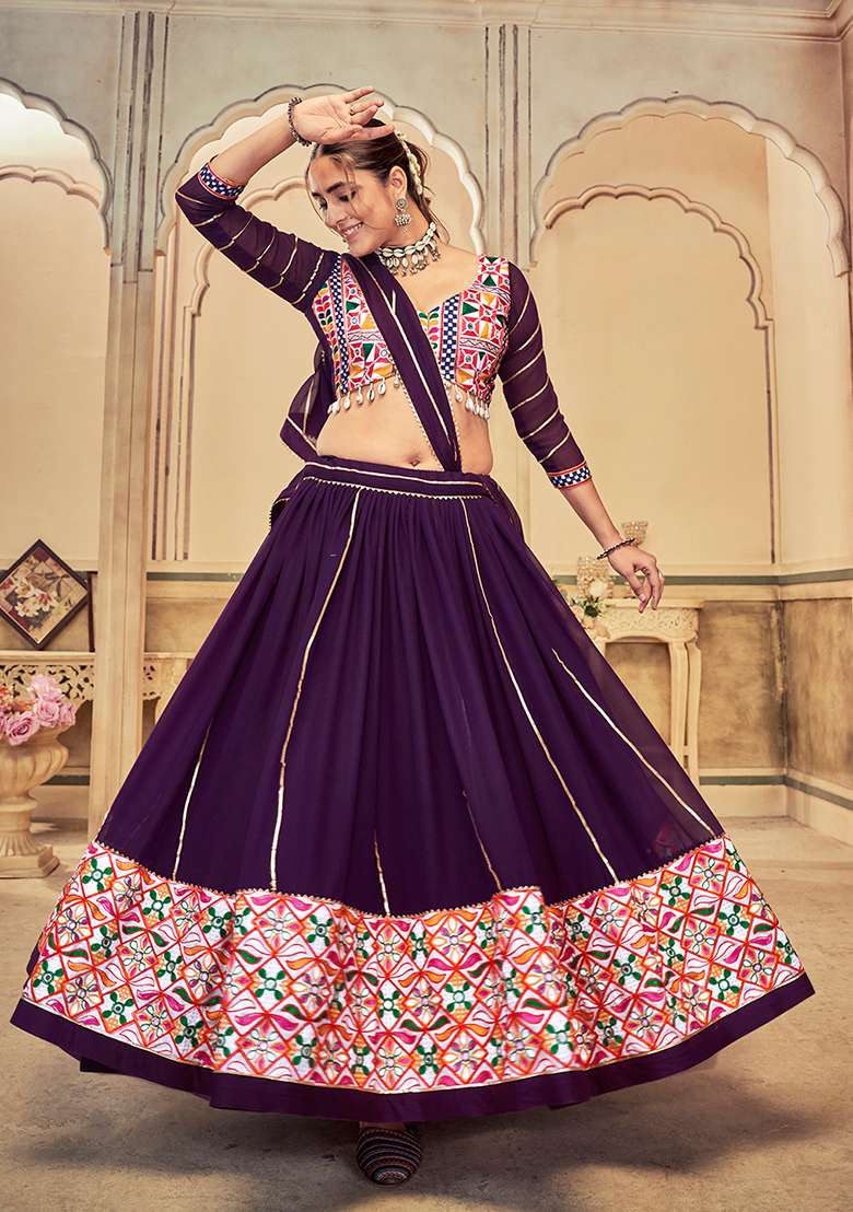 Purple Embroidered Georgette Lehenga Set With Dupatta for Diwali and Festive Wear - Indya