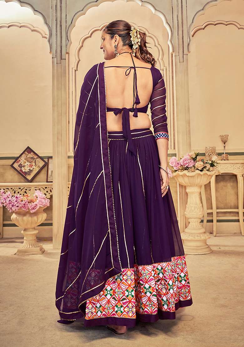 Purple Embroidered Georgette Lehenga Set With Dupatta for Diwali and Festive Wear - Indya