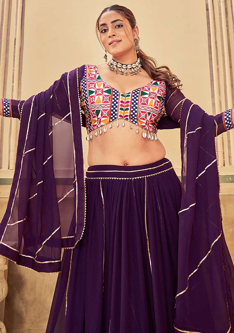 Purple Embroidered Georgette Lehenga Set With Dupatta for Diwali and Festive Wear - Indya