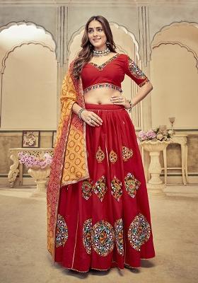 Maroon Embroidered Cotton Silk Lehenga Set With Dupatta