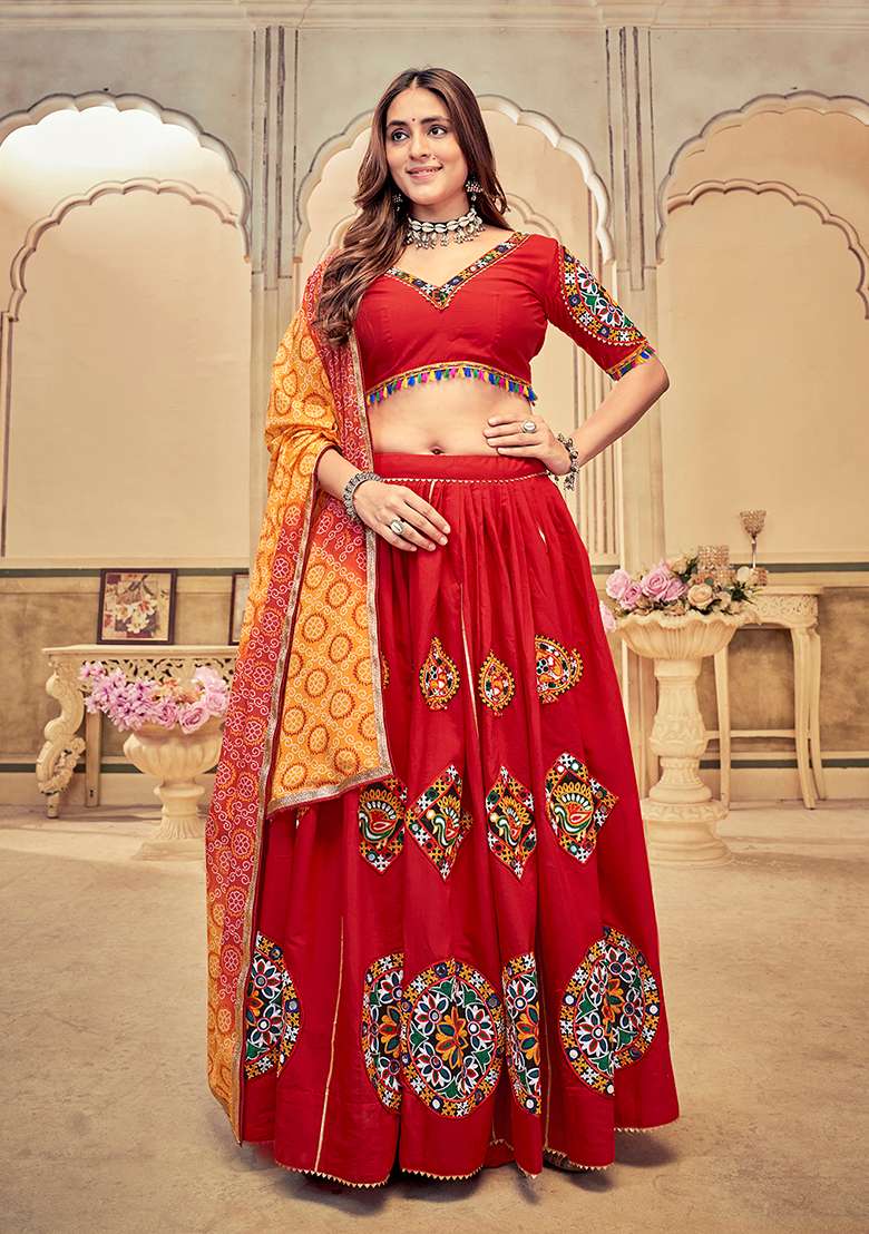 Maroon Embroidered Cotton Silk Blend Chaniya Choli Set For Navratri And Garba for Diwali and Festive Wear - Indya
