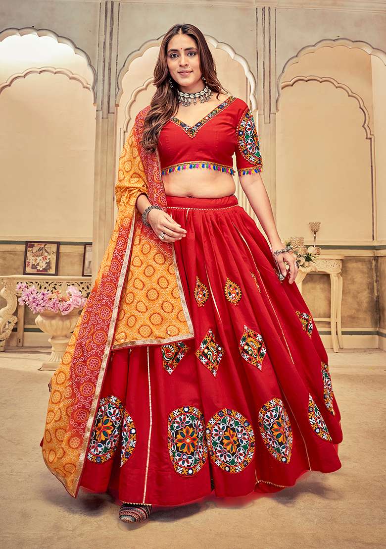 Maroon Embroidered Cotton Silk Blend Chaniya Choli Set For Navratri And Garba for Diwali and Festive Wear - Indya