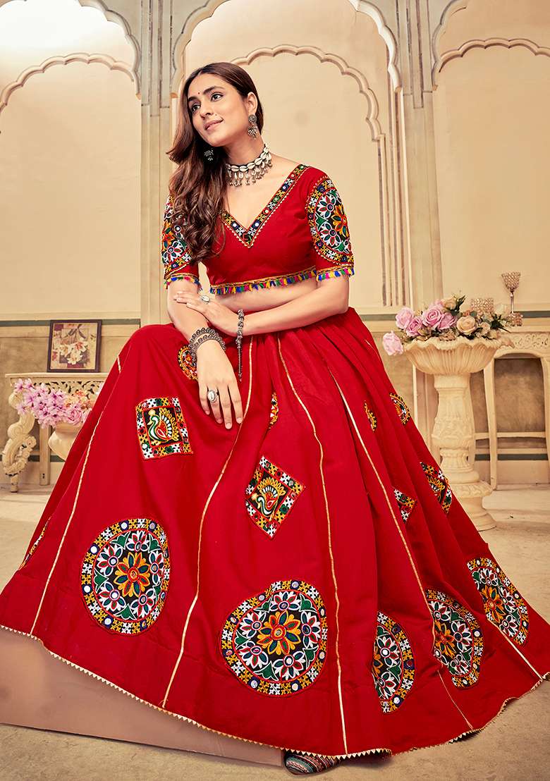 Maroon Embroidered Cotton Silk Blend Chaniya Choli Set For Navratri And Garba for Diwali and Festive Wear - Indya