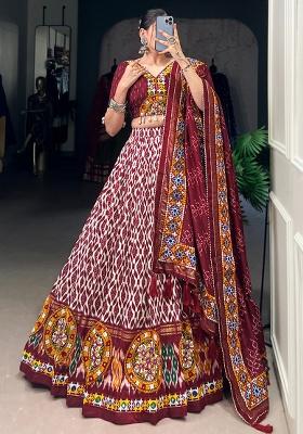 Maroon Gamthi Work Cotton Lehenga Set With Dupatta