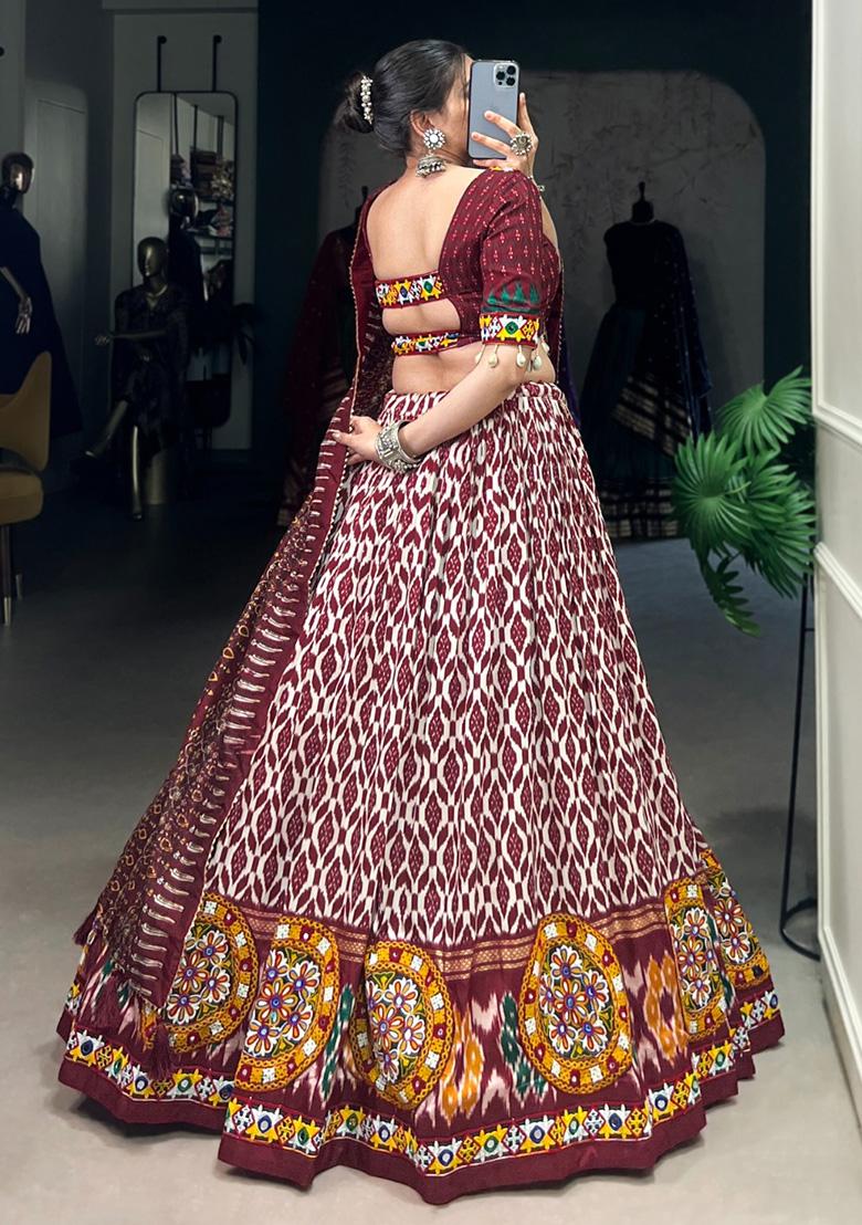 Maroon Gamthi Work Cotton Lehenga Set With Dupatta