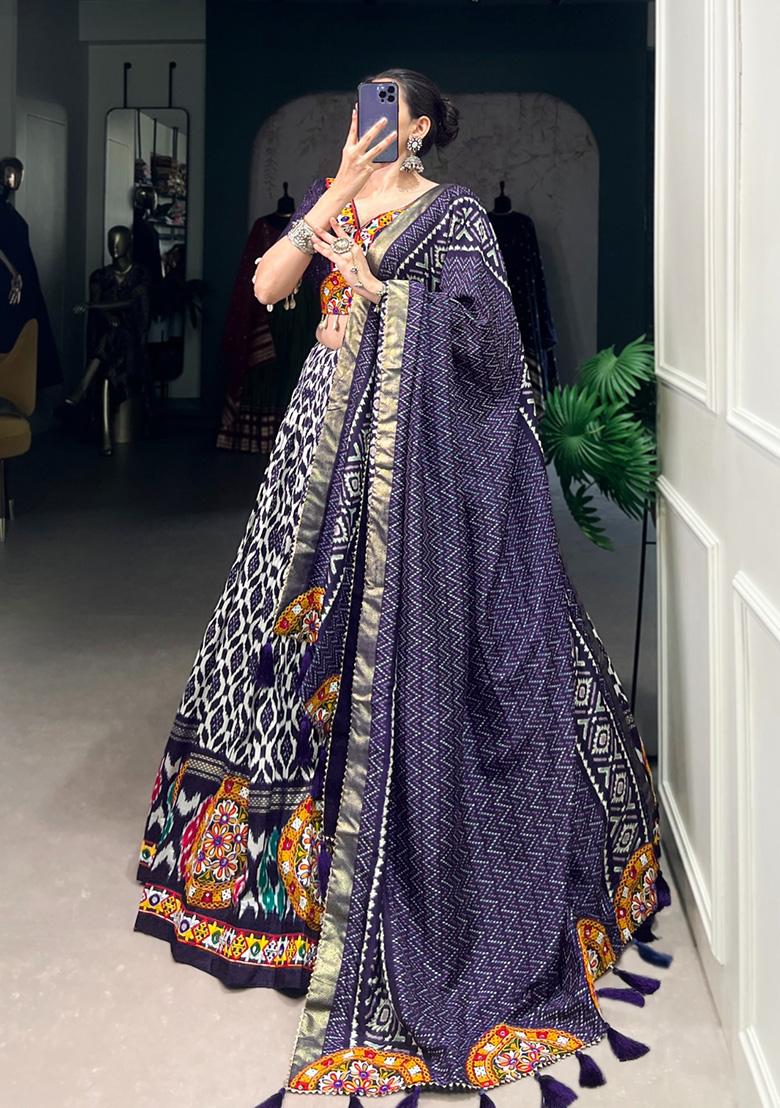 Blue Gamthi Work Cotton Lehenga Set With Dupatta