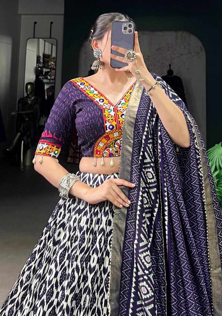 Blue Gamthi Work Cotton Lehenga Set With Dupatta