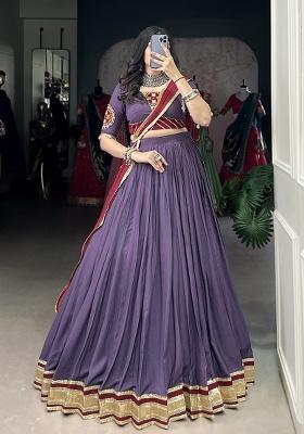 Mauve Gamthi Work Cotton Lehenga Set With Dupatta