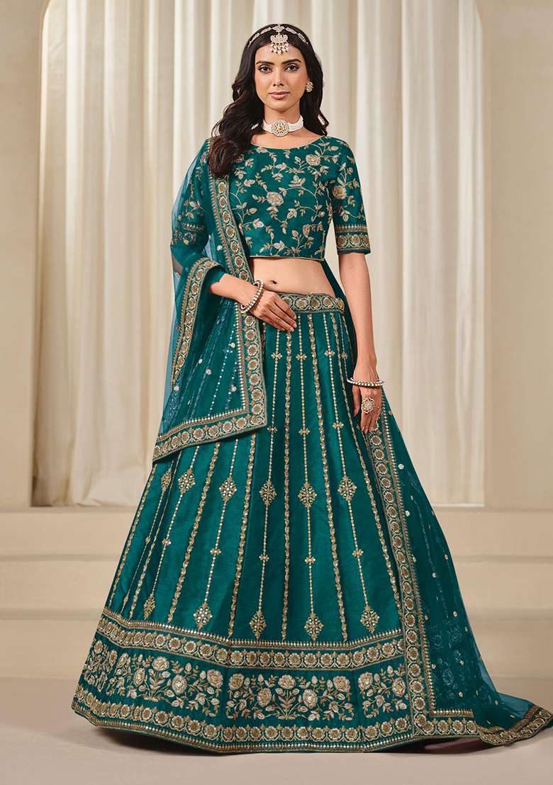 Brown Embroidered Silk Blend Lehenga Set With Dupatta - Indya