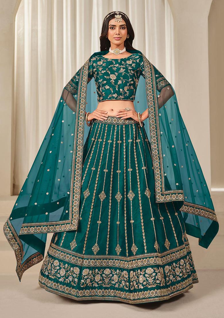 Brown Embroidered Silk Lehenga Set With Dupatta - Indya