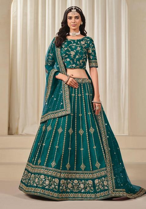 Brown Embroidered Silk Lehenga Set With Dupatta