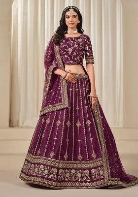 Purple Embroidered Silk Lehenga Set With Dupatta