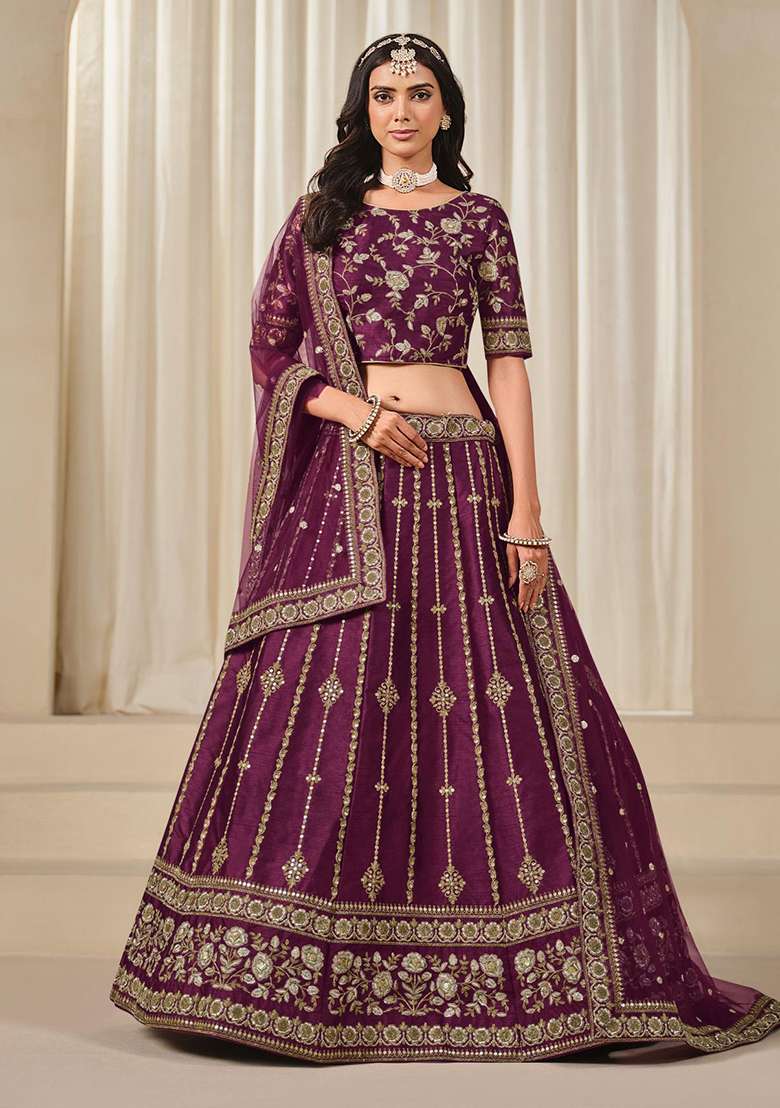 Purple Embroidered Silk Blend Lehenga Set With Dupatta - Indya
