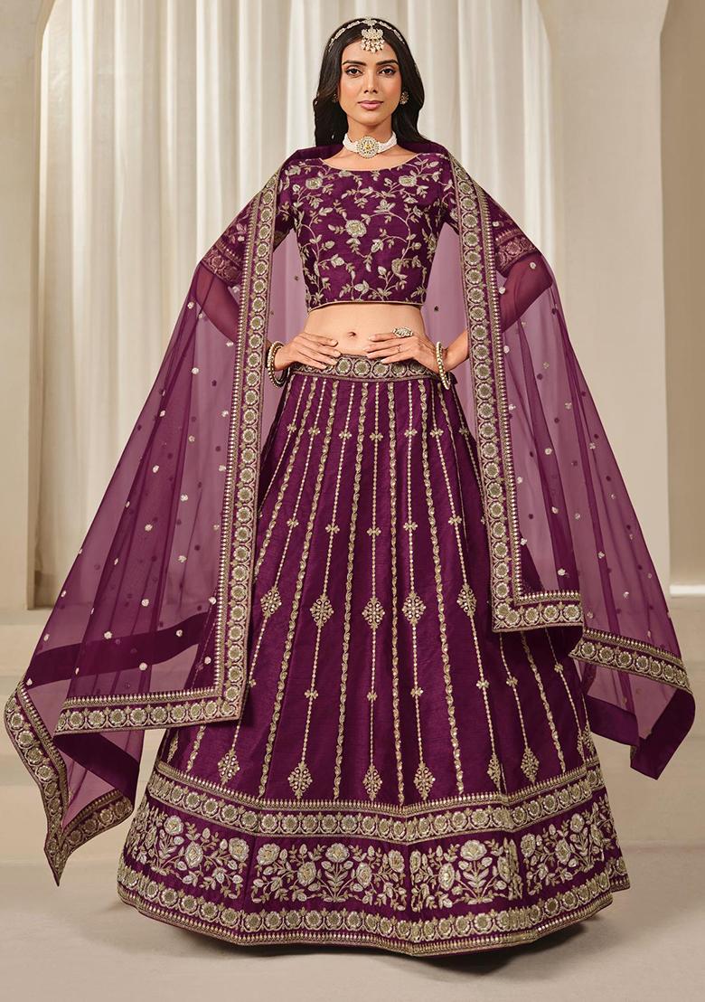 Purple Embroidered Silk Lehenga Set With Dupatta - Indya