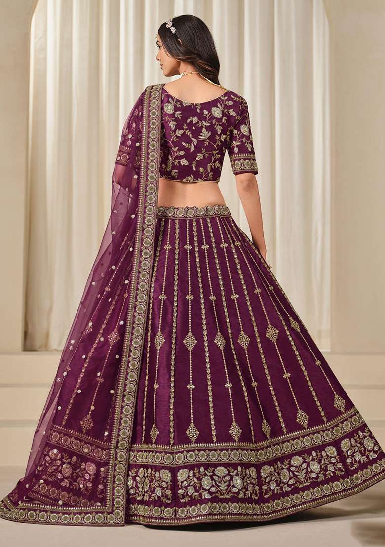 Purple Embroidered Silk Blend Lehenga Set With Dupatta - Indya