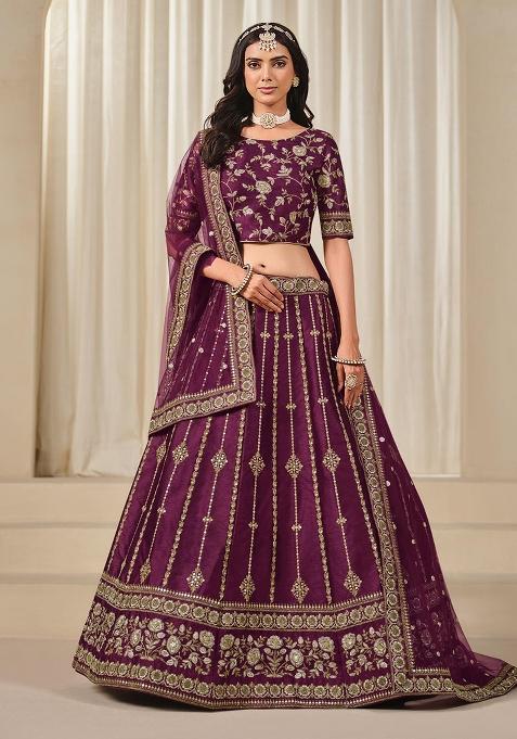 Purple Embroidered Silk Lehenga Set With Dupatta