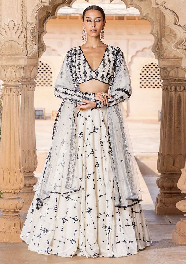 Off White Embroidered Cotton Lehenga Set With Dupatta for Diwali and Festive Wear - Indya