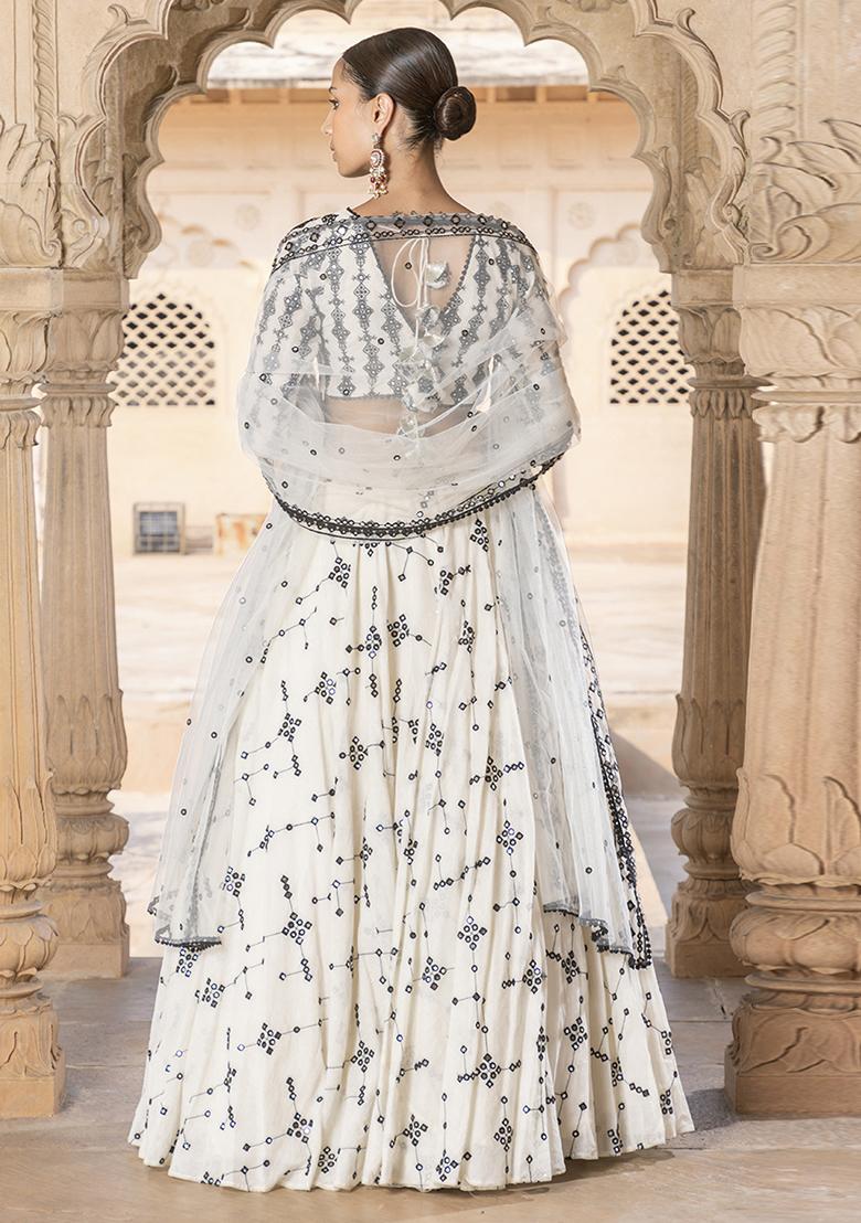 Off White Embroidered Cotton Lehenga Set With Dupatta