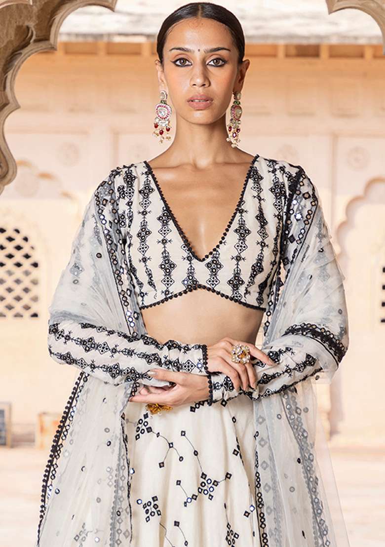 Off White Embroidered Cotton Lehenga Set With Dupatta for Diwali and Festive Wear - Indya
