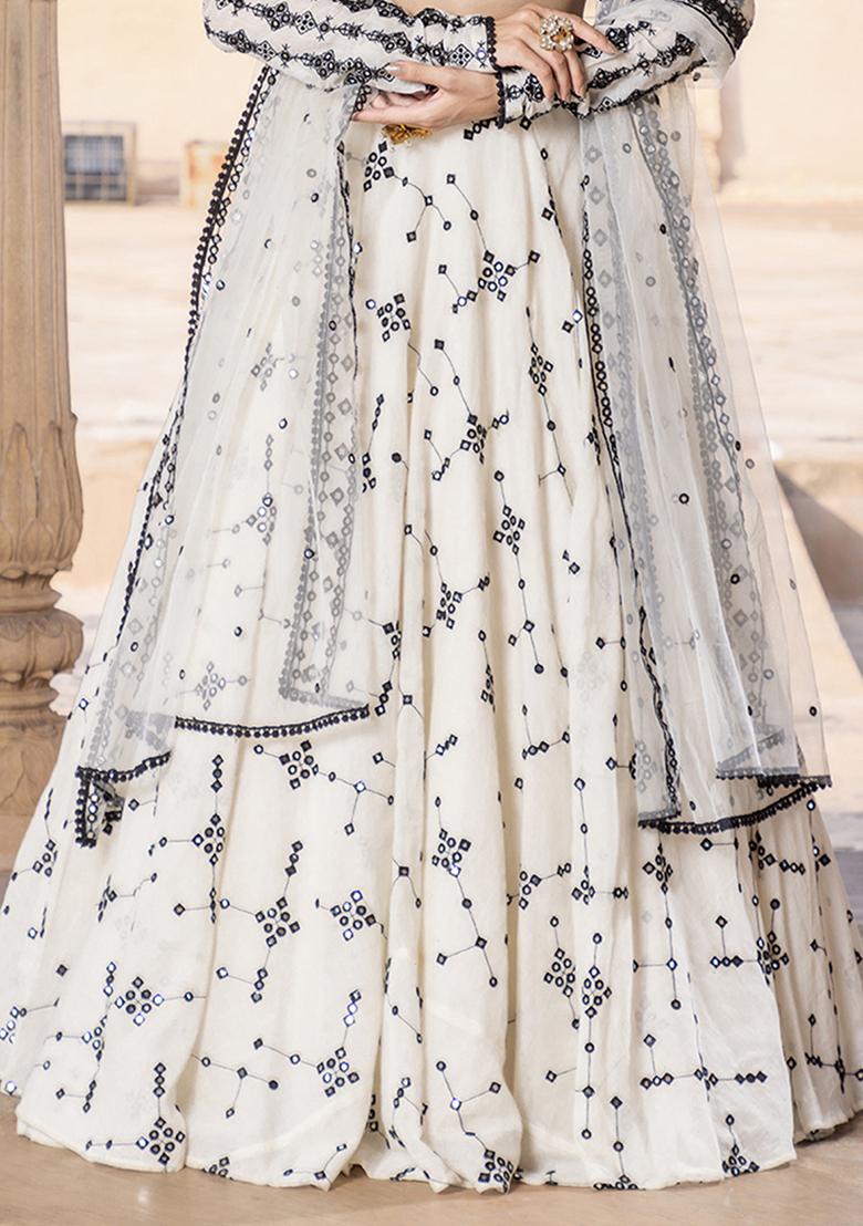 Off White Embroidered Cotton Lehenga Set With Dupatta