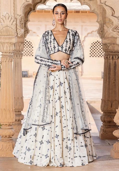 Off White Embroidered Cotton Lehenga Set With Dupatta