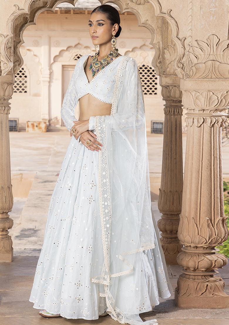 Iceblue Embroidered Cotton Lehenga Set With Dupatta